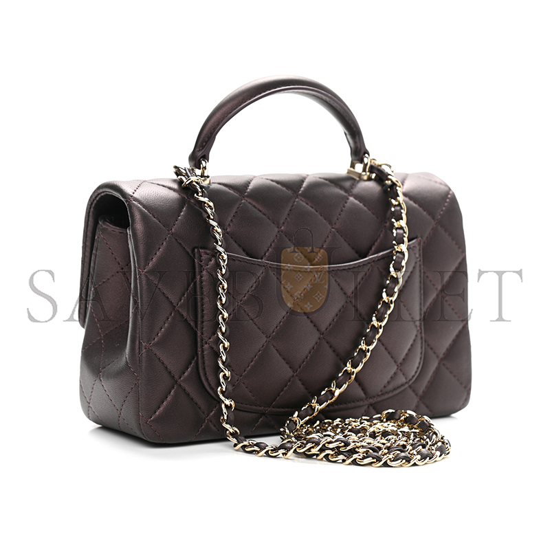 CHANEL LAMBSKIN QUILTED MINI TOP HANDLE RECTANGULAR FLAP LIGHT GOLD BURGUNDY 1106160 (20*13*6cm)